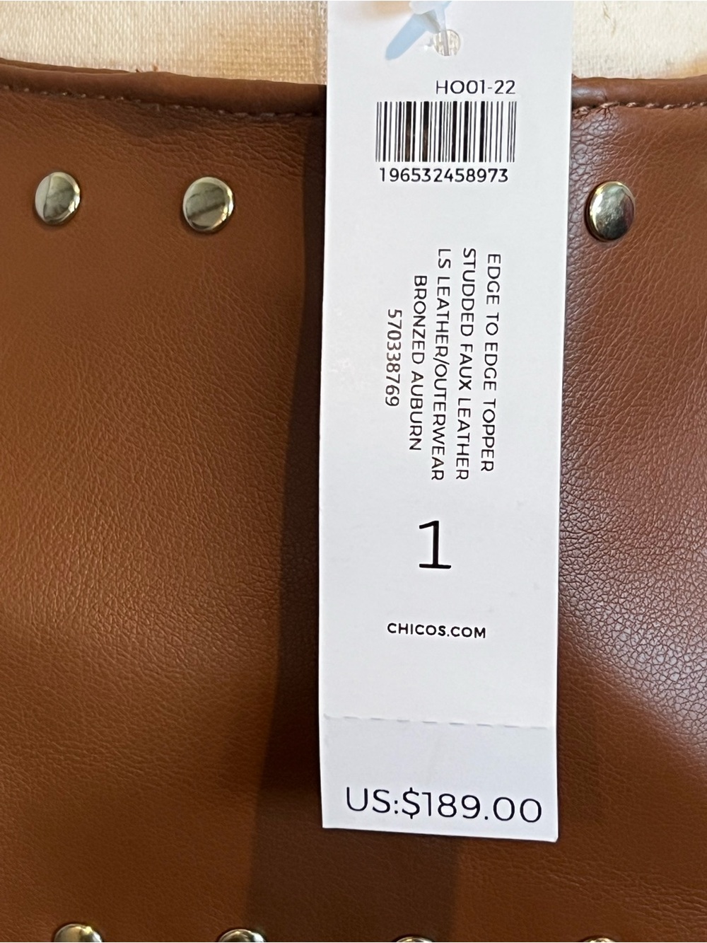 Chico's Cognac Faux Leather Stud-Trim Coat, Washable (NEW) - Picture 8 of 9